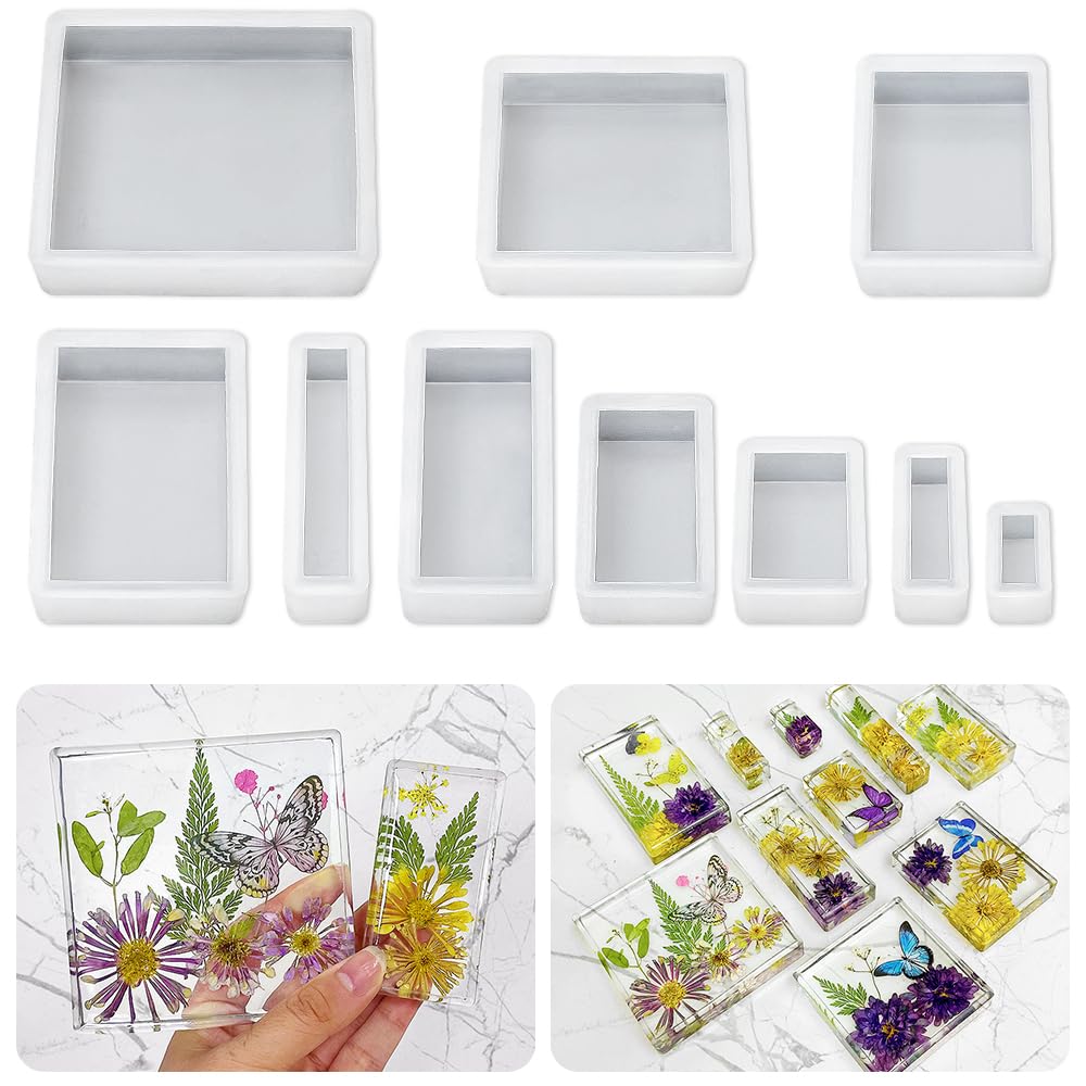 RESINWORLD Upgraded 10 Sizes Epoxy Resin Molds Silicone Kit, Square Rectangle Silicone Molds for Resin, Soap, Candles, Specimen, Dried Flower