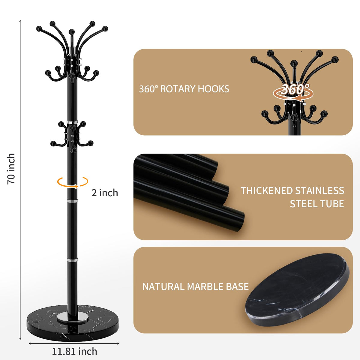 LOZABEE Metal Heavy Duty Coat Rack Stand, Modern Freestanding Coat Rack with Natural Marble Base, 360° Roraty Coat Racks with 16 Hooks, Black Coat Hall Tree Hanger Stand for Entryway, Office