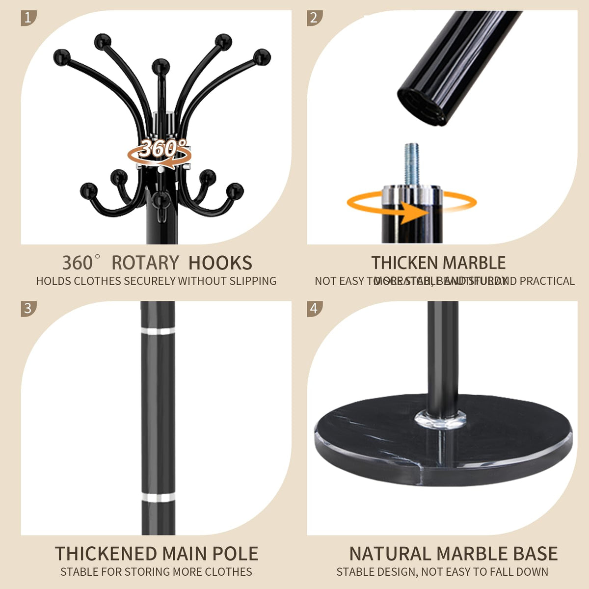 LOZABEE Metal Heavy Duty Coat Rack Stand, Modern Freestanding Coat Rack with Natural Marble Base, 360° Roraty Coat Racks with 16 Hooks, Black Coat Hall Tree Hanger Stand for Entryway, Office