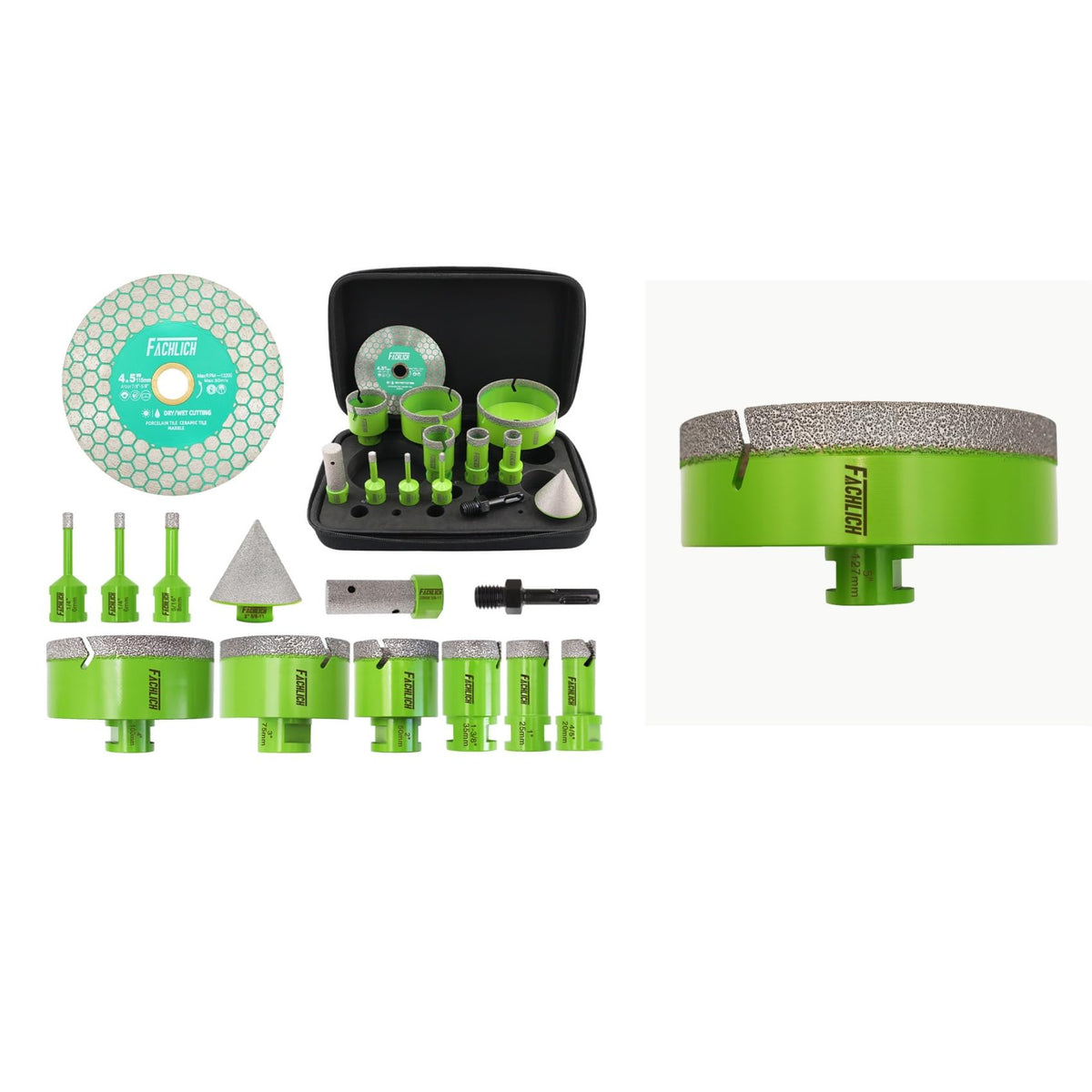 FACHLICH 4" 5" Diamond Core Drill Bits Set and 4.5" Diamond Cutting Grinding Blade for Porcelain Ceramic Tile Marble Granite etc