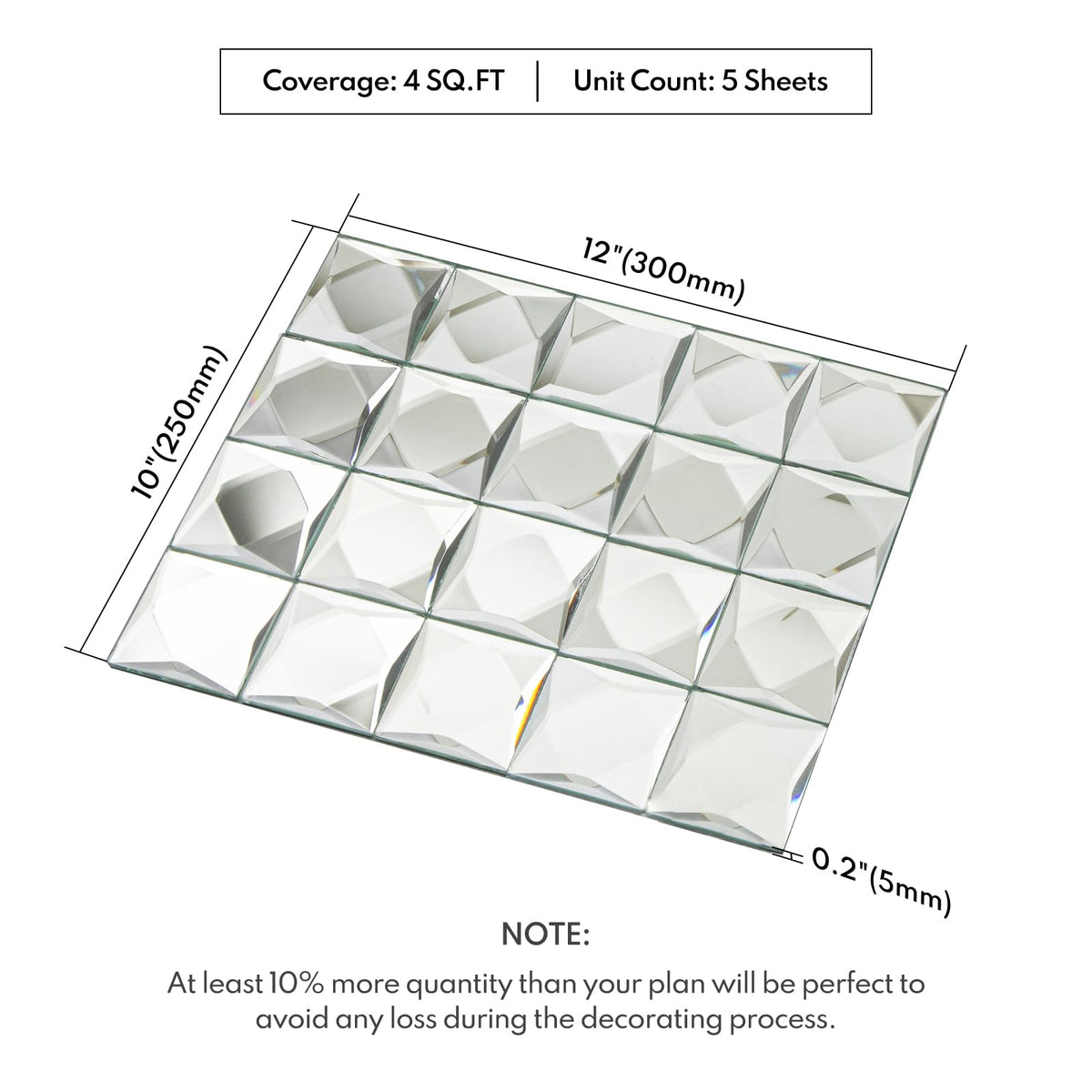 Lovdeco Peel and Stick 2" Mirror Glass Mosaic Tile 9 Faces Beveled Silver Crystal Mosaic Tile for Kitchen Backsplash, 12x10 Inch, 5 Sheets