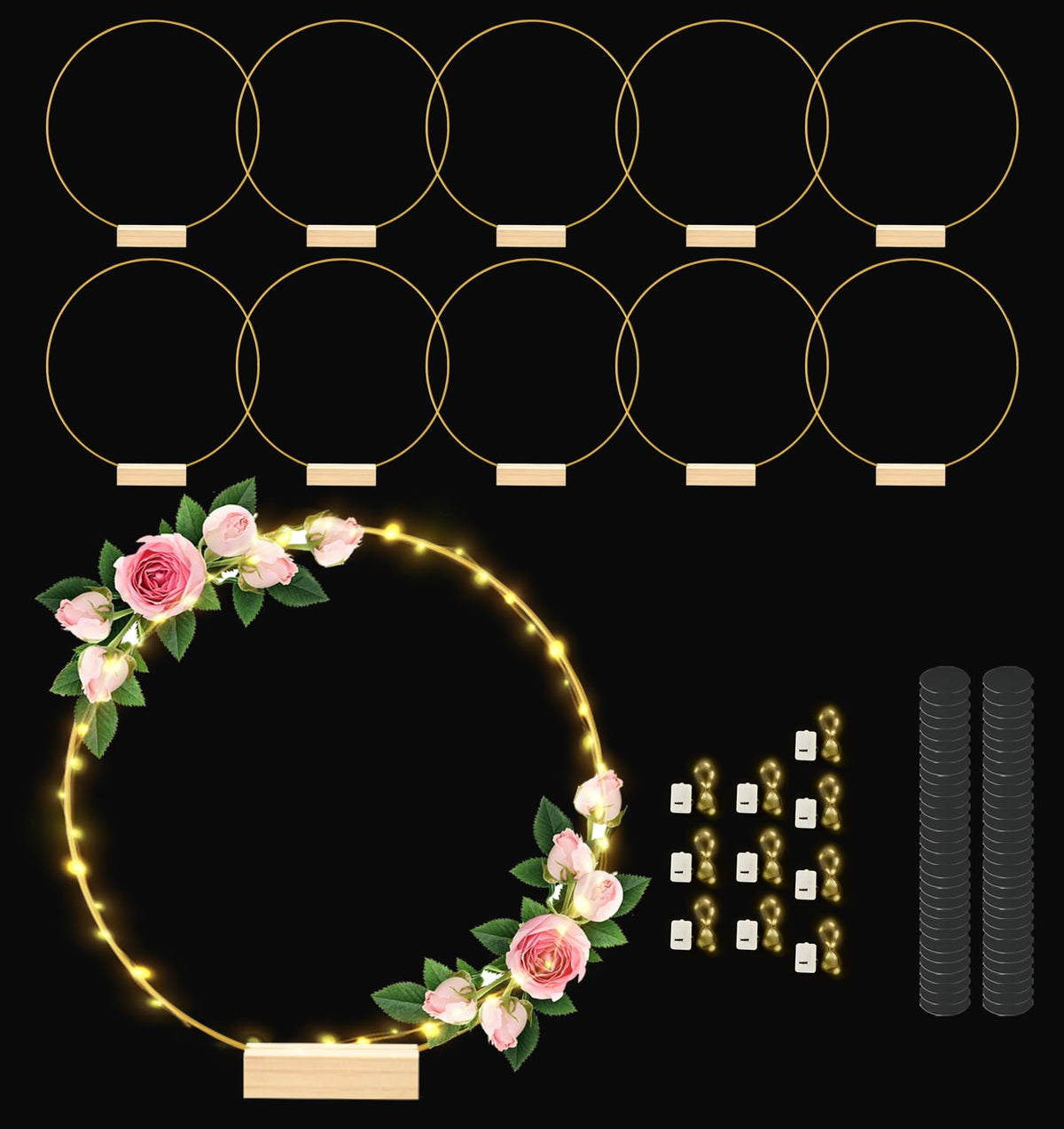 12 Inch 10 Sets Metal Floral Hoop Centerpiece with Wood Stands and LED Fairy Lights, Gold Metal Rings for Christmas Party Dream Catcher Wedding Table Wreath Decor, Wall Hanging Wreaths