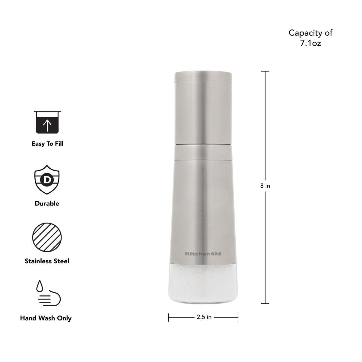 KitchenAid Stainless Steel Filled Salt Grinder, 8 Inch