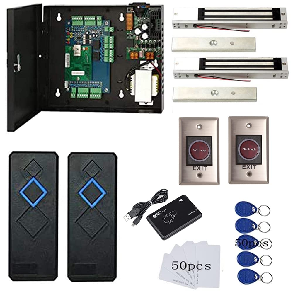MENGQI-CONTROL 2 Door Access Control System with 600lbs Magnetic Lock Infrared NoTouch Request to Exit Button 110V Power Supply Box RFID Reader USB Enroll Reader Card Key Fob APP Remote Open Lock