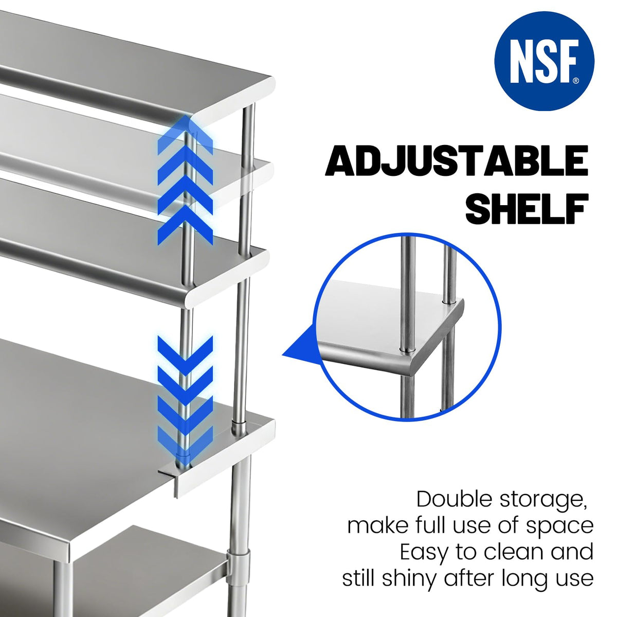 Hally Double Overshelf of Stainless Steel 12'' x 48'' Weight Capacity 380lb, Commercial 2 Tier Shelf for Prep & Work Table in Restaurant, Home and Kitchen