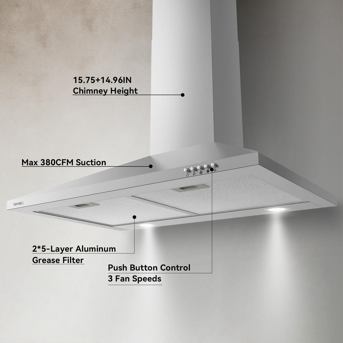 Hermitlux Range Hood 30 inch Stainless Steel, Wall Mount Vent Hood for Kitchen with Charcoal Filter, Ducted/Ductless Convertible