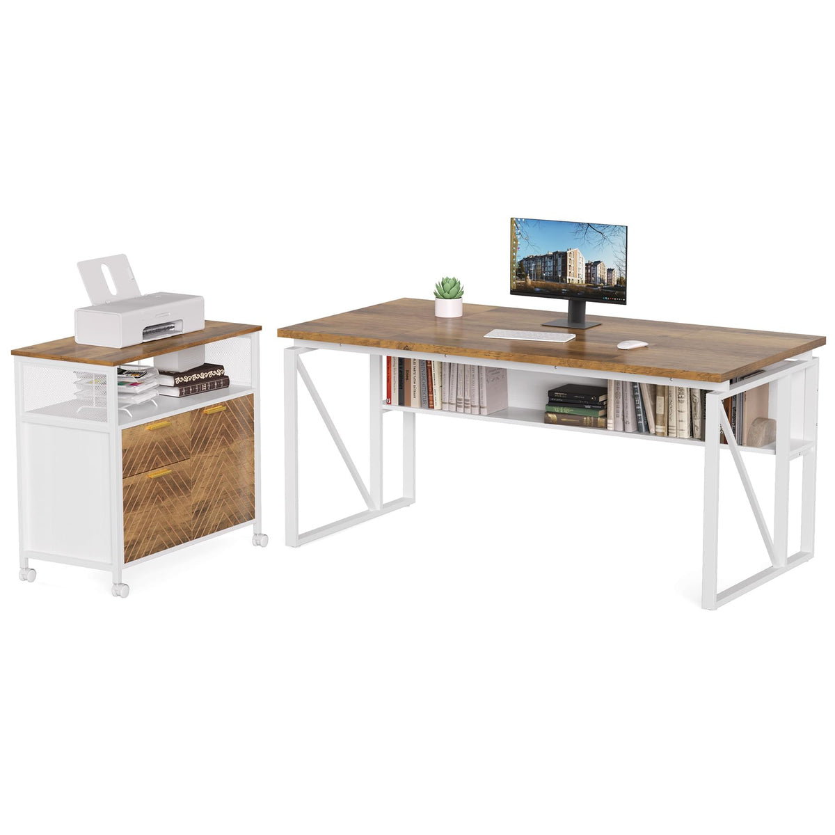 LITTLE TREE 63-Inch Office Desk with 31.5-Inch Lateral File Cabinet, Study Writing Desk Computer Desk for Home Office