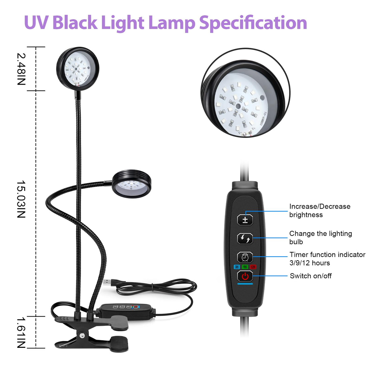 LEDLampsWorld USB UV Black Light Dual Head, 10W 395nm-405nm LED Lamp with Clamp, Gooseneck for Resin Curing, Blacklight, Posters, Paint Collection