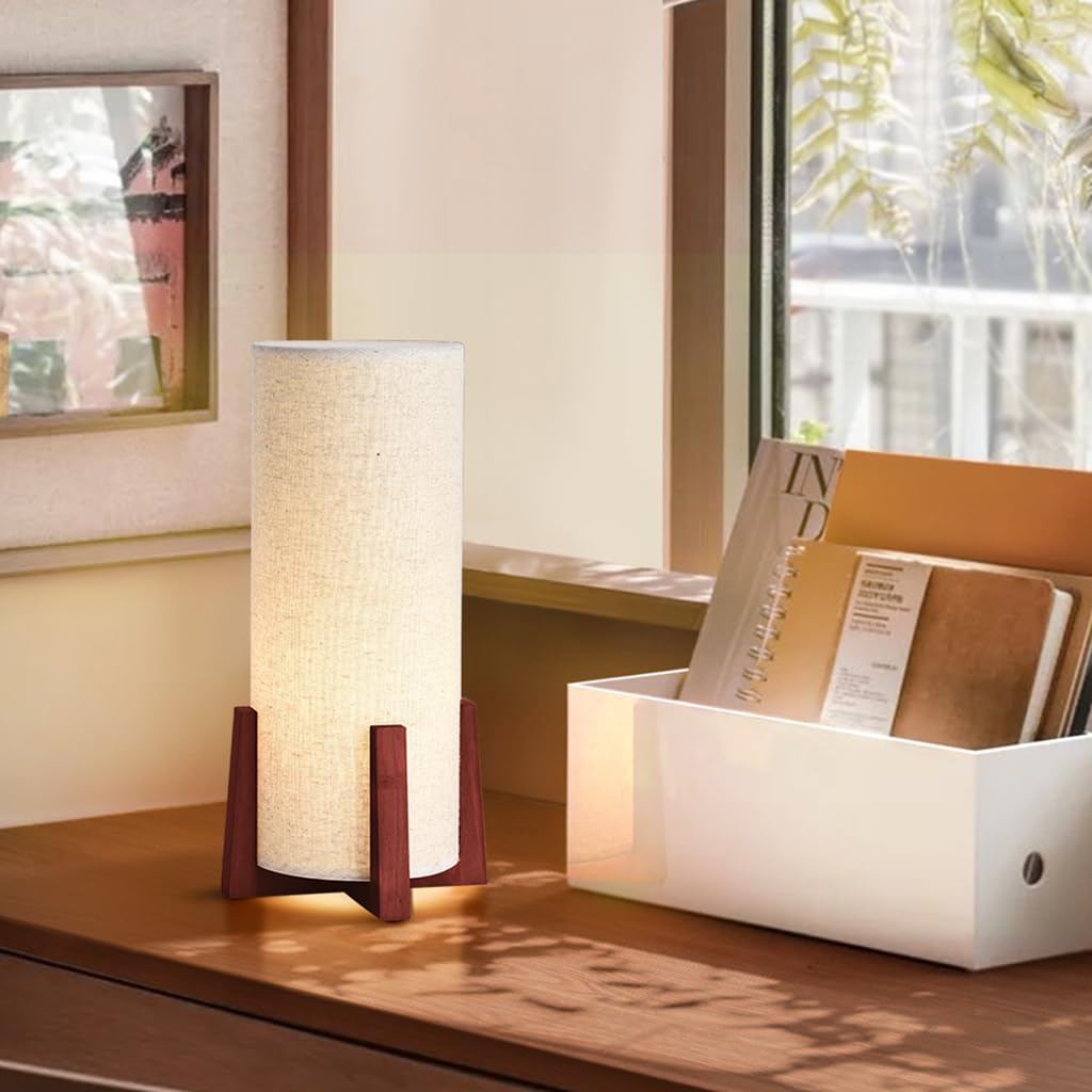 KUNJOULAM Modern Small Table Lamps, Nightstand Lamp with Linen Fabric Shade, 13.9" Cylinder Bedside Table Lamp for Bedroom, Cafe, Living Room Home Decor