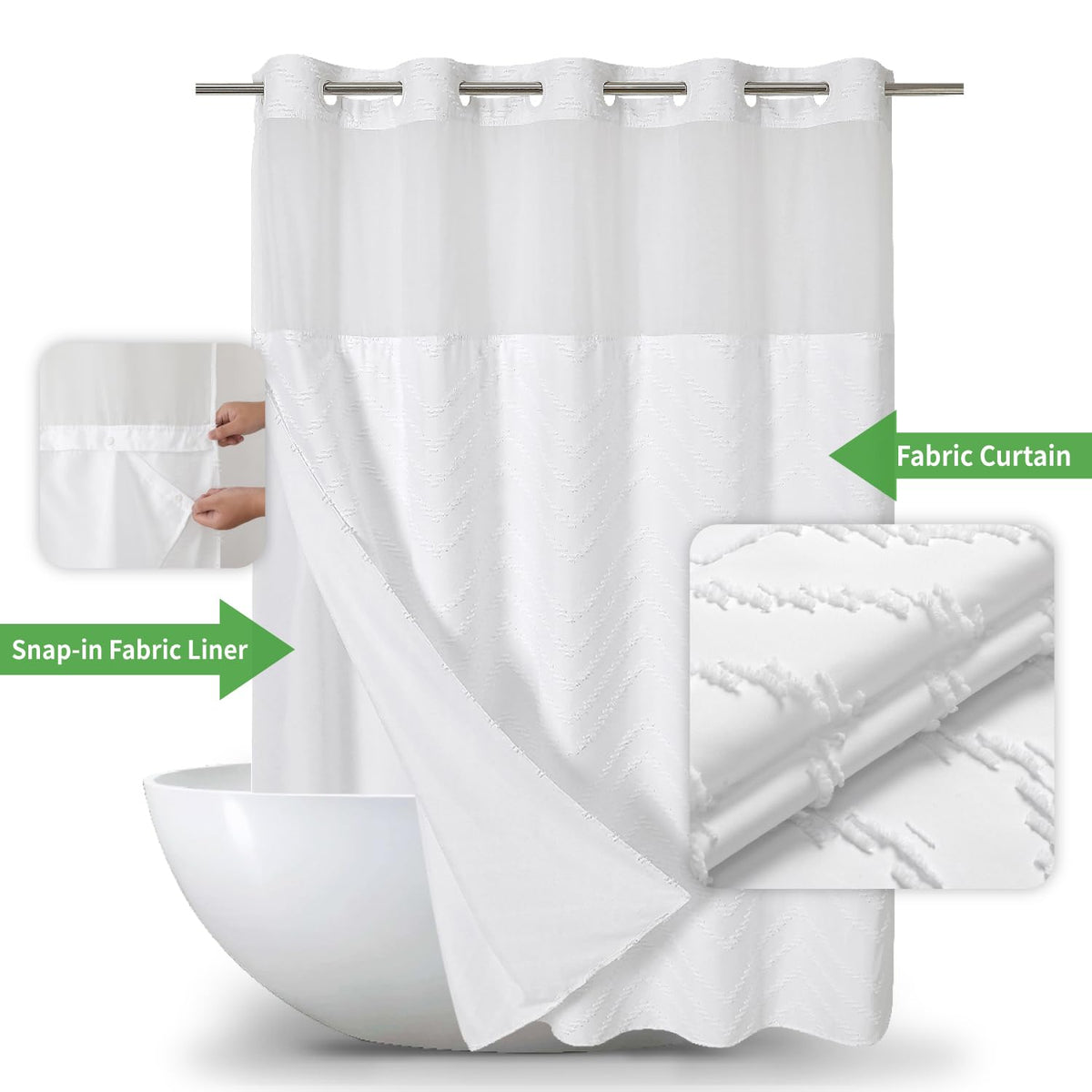 eachope No Hook Tufted Chevron Striped Shower Curtain with Snap-in Fabric Liner set-71Wx74H,Hotel Grade,Boho Style Waterproof Shower Curtain with See Through Top Window,White