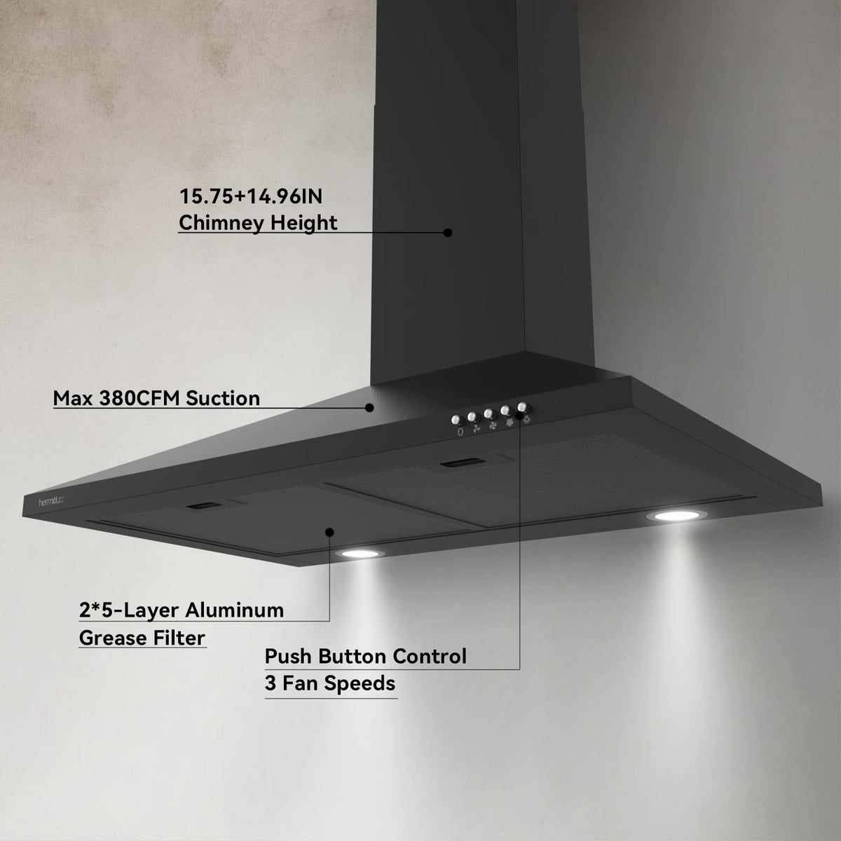Hermitlux Range Hood 30 inch, Wall Mount Vent Hood for Kitchen with Charcoal Filter, Ducted/Ductless Convertible, Black