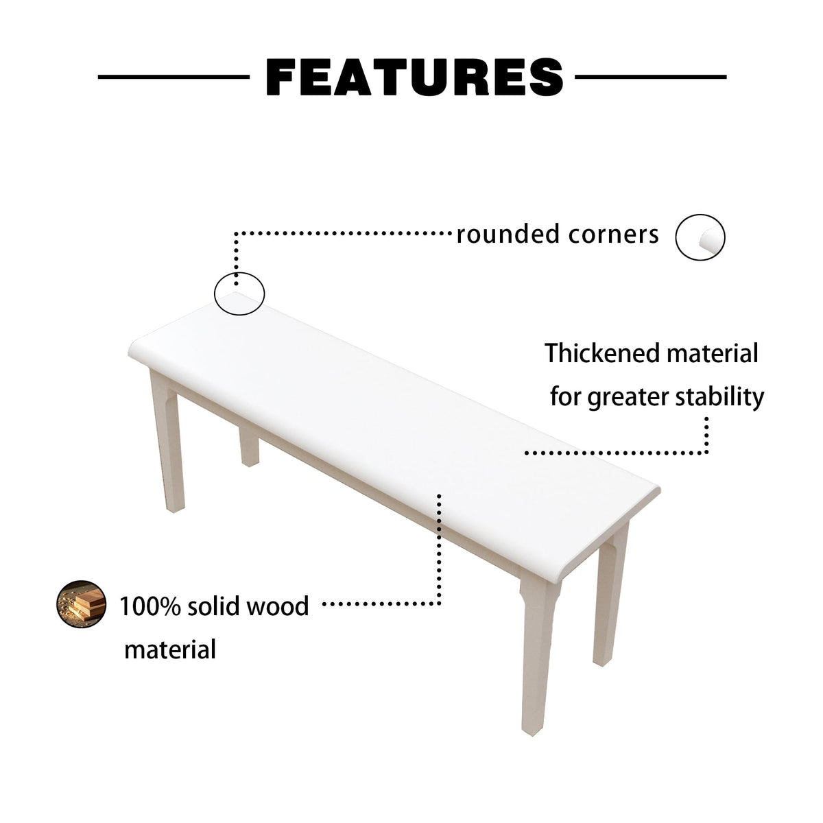 Wilk Wooden Entryway Bench, 47’’ Indoor End of Bed Bench, 100% Solid Oak Wood (White)