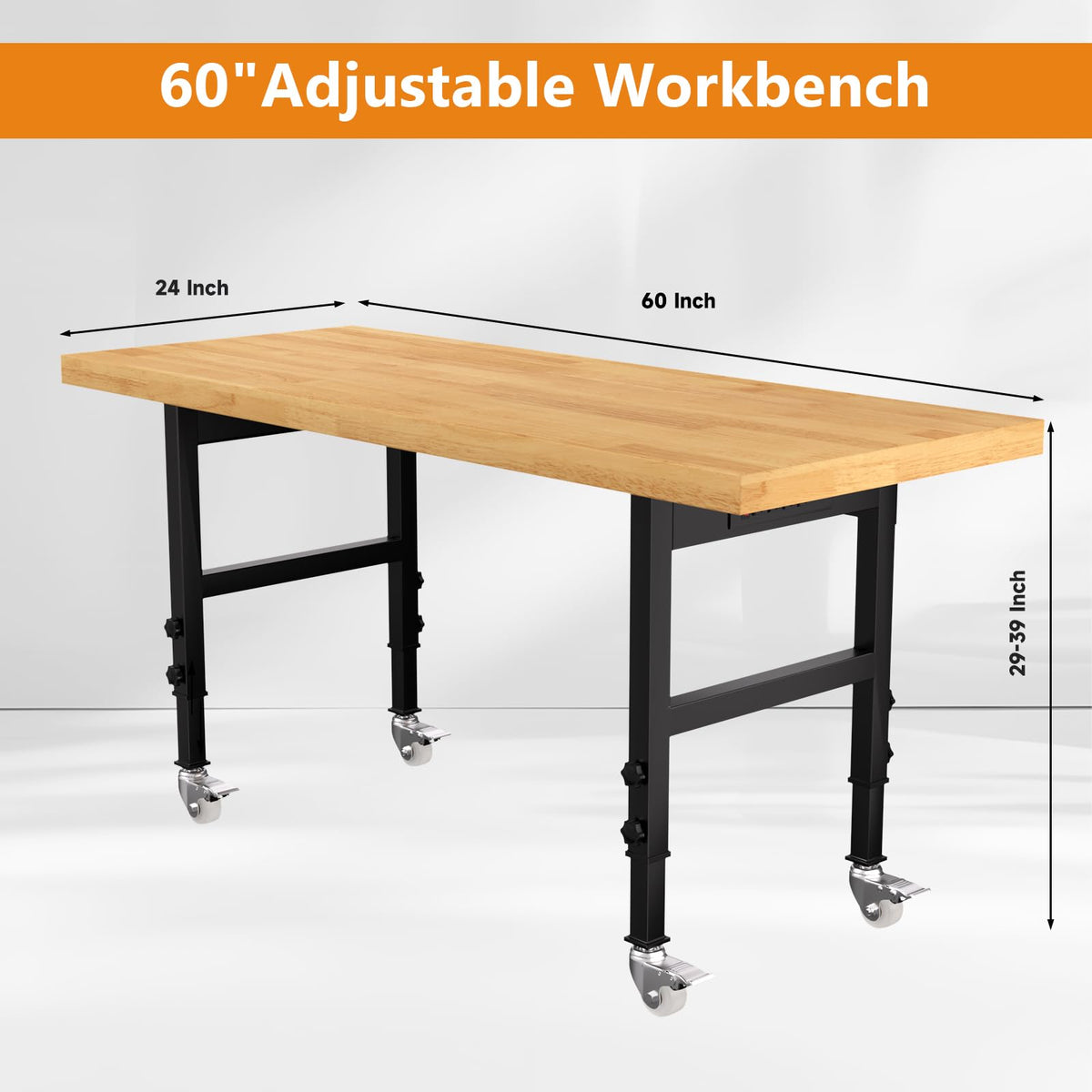 Pelnuies 60" Heavy-Duty Solid Wood Work Bench with Wheels, Adjustable Height Workbench with Power Outlets, 2000 LBS Capacity Work Table for Garage, Workshop(60" X 24")