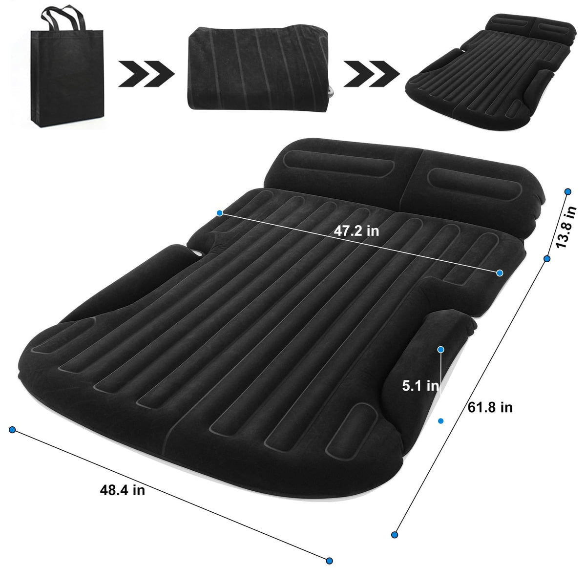 KMZ SUV Air Mattress with Electric Pump, Thick Double-Sided Flocked Camping Bed, Includes 2 Pillows & 2 Window Screens, Inflatable Travel Mattress for SUV Trunk and Rear Seat – Black