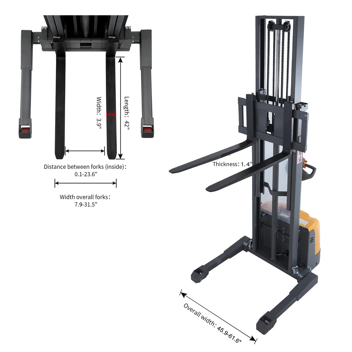 APOLLO Full Electric Stacker Powered Straddle Forklift 3300 lbs Capacity 98'' Lifting Height with Adjustable Forks and Legs Material Lifter
