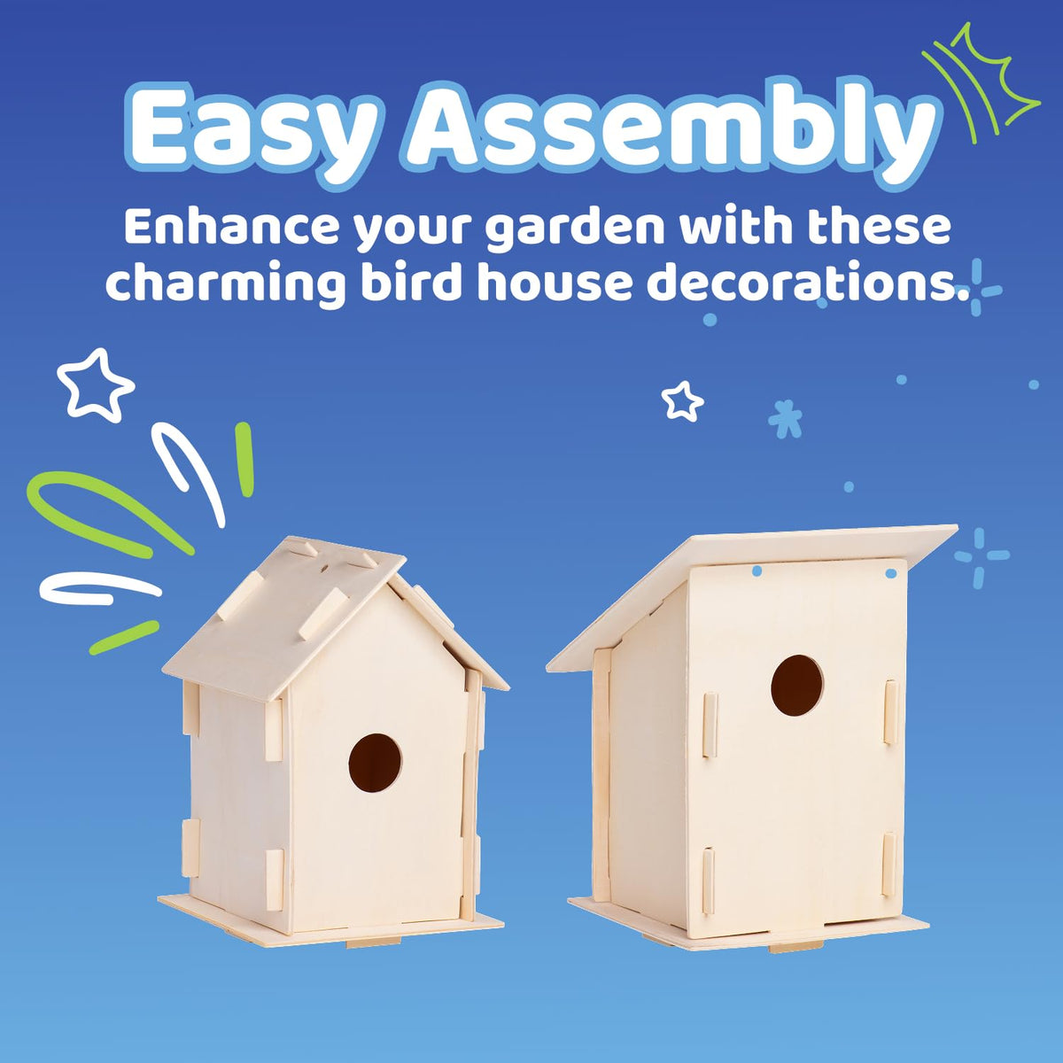 Neliblu DIY 12 Wooden Bird House Kits - Creative Arts and Crafts Set for Kids and Adults - Unfinished Wood Birdhouses with Paint Strips, Brushes, Stickers and Strings - 3 Unique Shapes, 2 Sizes