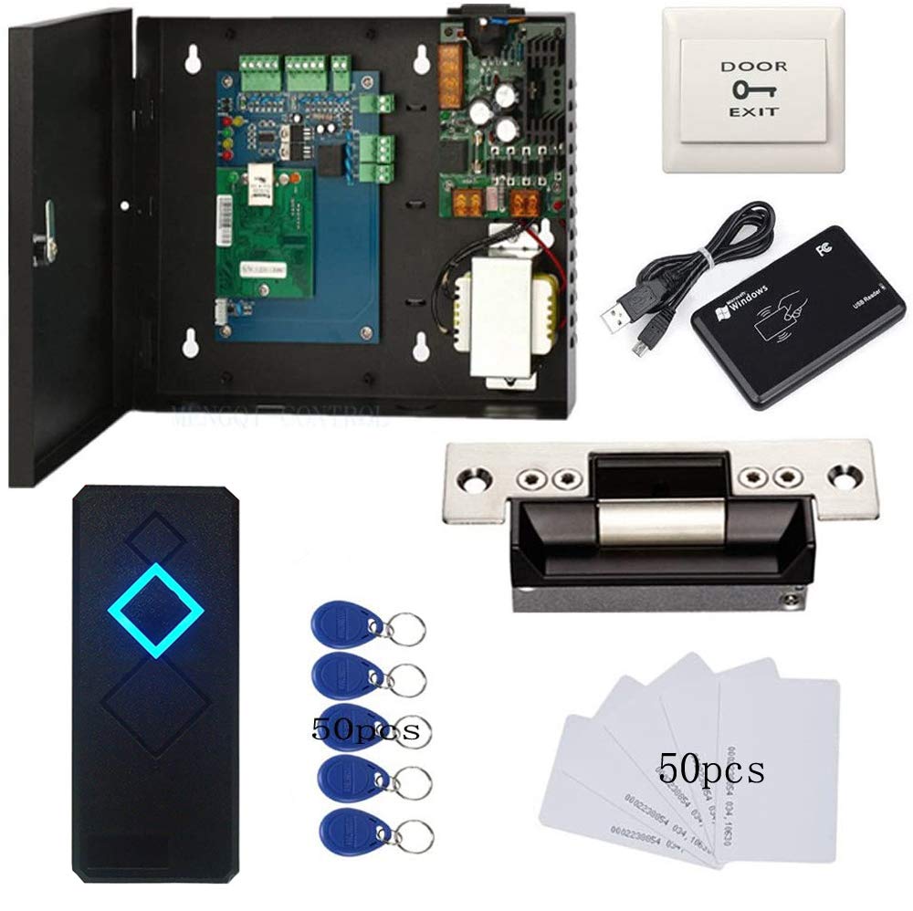 MENGQI-CONTROL Electric Strike Lock Complete TCP/IP Network Single Door Access Control Board System Kits with 110V Metal Power Supply RFID Reader+Exit Button Phone APP remotely Open Door