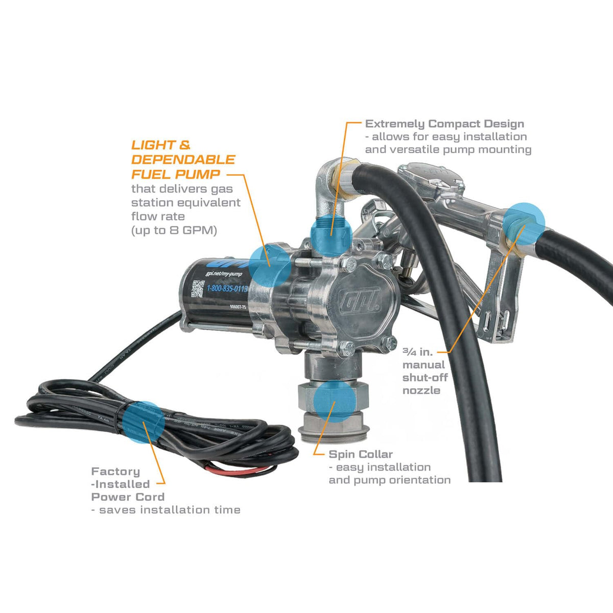 GPI - EZ-8 Fuel Transfer Pump, Manual Shut-Off Nozzle with Spin Collar, 8 GPM, 12 Volt (137100-05)