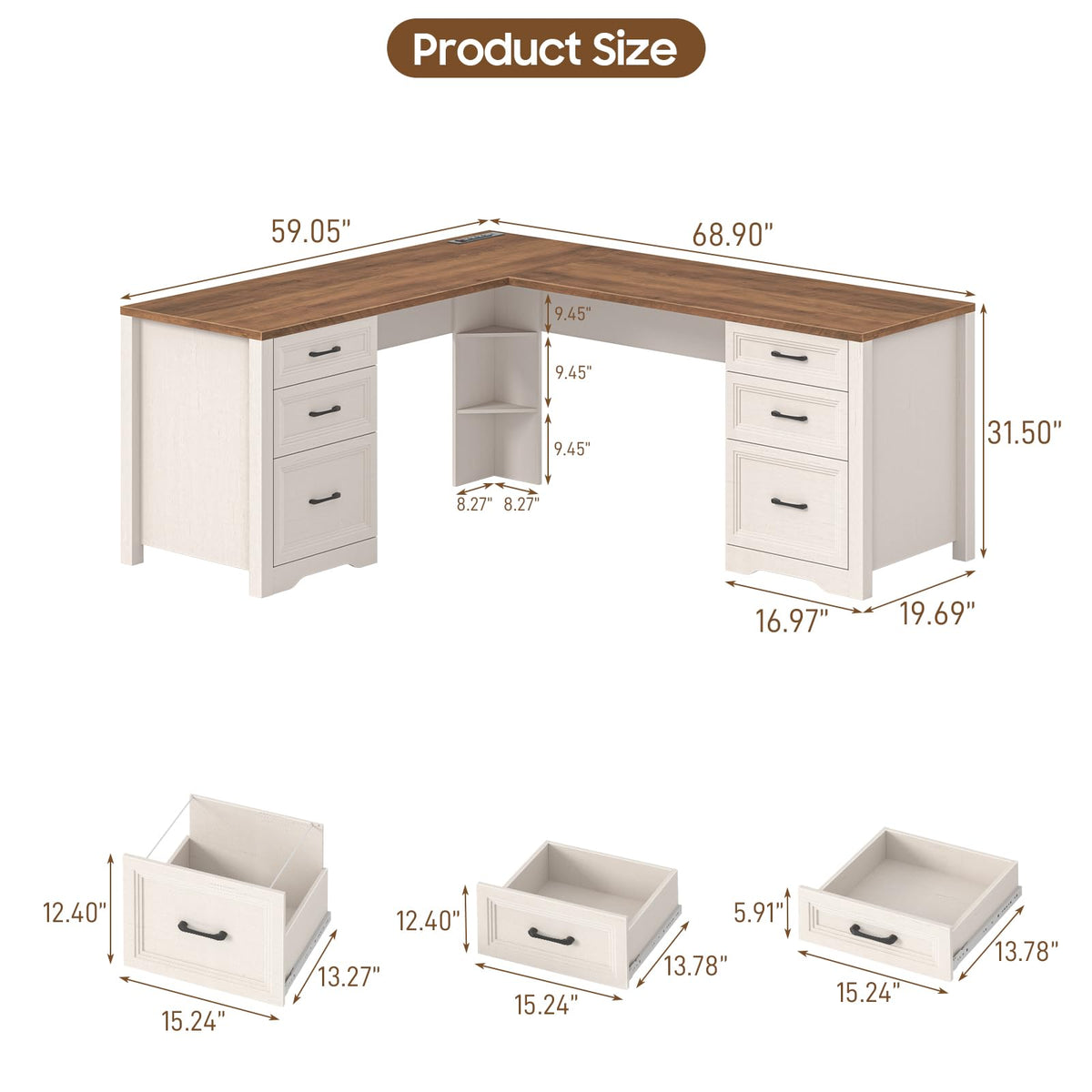 Vabches Wood L Shaped Executive Desk with 6 Drawers, Farmhouse Home Office Desk with Power Outlets and Triangle Under-Desk Storage Shelf & Drawer File Cabinet, Corner Computer Desk, Brown