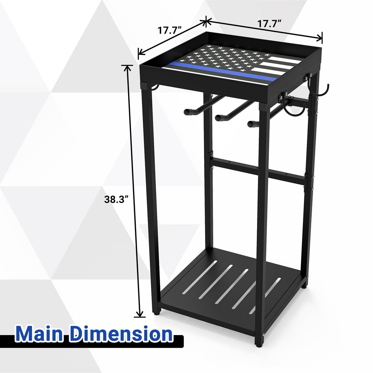 Neoaider Police Gear Stand 18” x 18” x 38”, Tactical Duty Gear Rack Decor with Thin Blue Line Flag, Black Police Hanger with 7 Hooks, Body Armor Stand for Police Gift