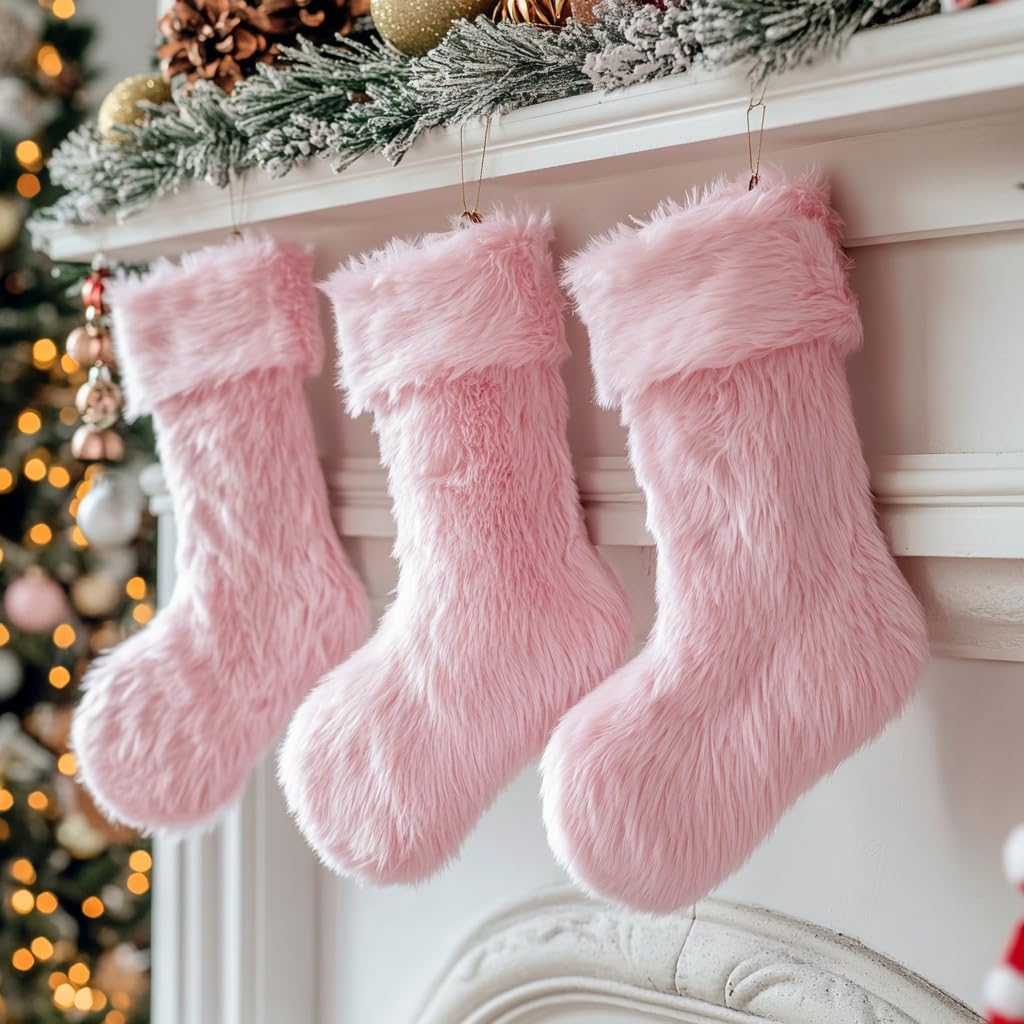 AOGU 3 Pack 19 Inch Pink Christmas Stockings Faux Fur Xmas Christmas Stockings Hanging Ornaments Candy Gift Bags for Christmas Decorations