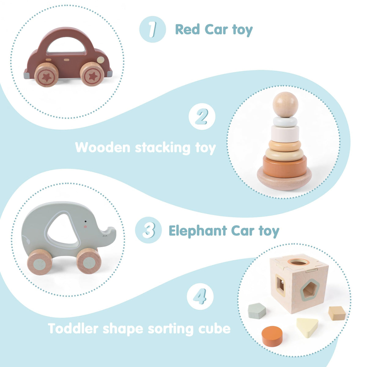 FReniland Wooden Baby Toy Set for 12M+, Montessori Grasping & Stacking Toys, Elephant & Car Sensory Toys, Natural Wood Fine Motor Skill Development Gift for Boys & Girls