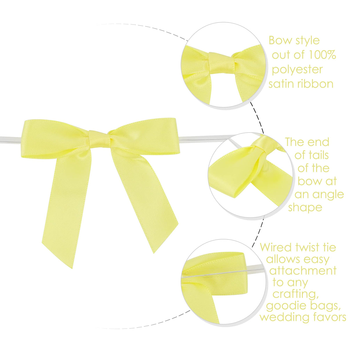 AIMUDI Yellow Bows 2.5" Satin Bows with Twist Tie Premade Craft Bows for Treat Bags Cake Pop Gift Wrapping Basket Wedding Favors Cookie Candy Bagging Baby Shower - 50 Counts