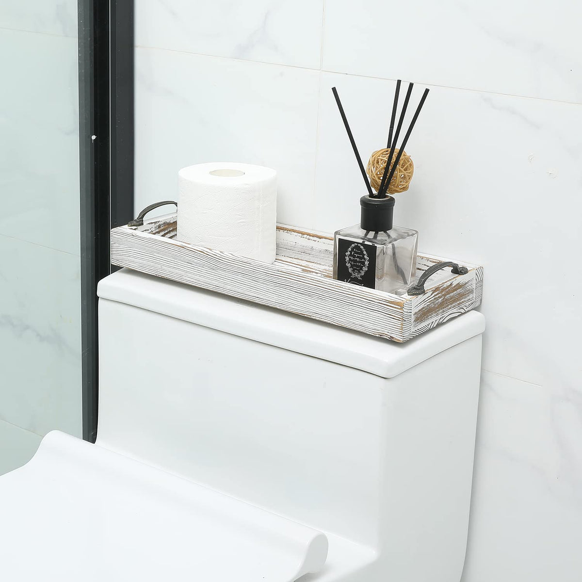 MyGift Weathered White Solid Wood Toilet Tank Tray, 16 Inch Rectangular Bathroom Vanity Tray with Aged Bronze Metal Handles