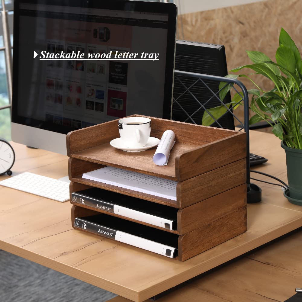 DDYURI Desktop File Trays Stackable Paper Tray for Letter/A4 Size Magazine - Wood Office Document Organizer Shelf - Wooden Folder Organization Rack Desk Tray Pack of 2 Dark(2CTP-DK)