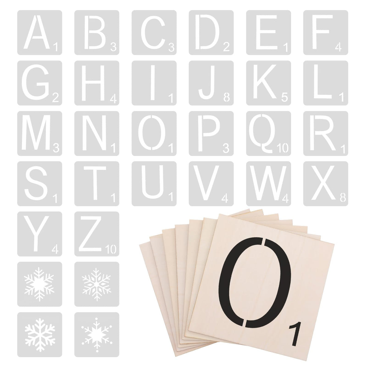 36pcs 5 Inch Wooden Squares for Crafts, 30 Large Letter Stencils Custom Stencil Set, Letters for Wall Decor, Tiles for Crafts, Unfinished Wooden Letters for Painting Home Farmhouse