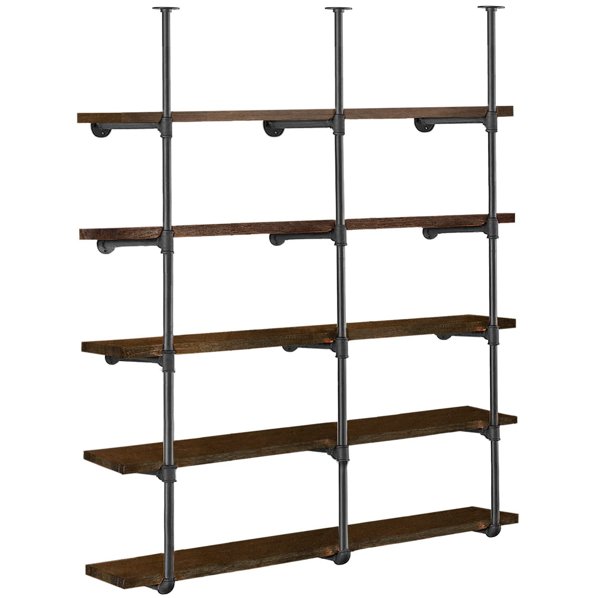 HITOMEN Industrial Iron Pipe Shelves, 3 Set 5-Tier 70.5" Tall 12" Depth, DIY Open Bookshelf Bookcase, Wall Mounted Vintage Retro Shelving, Rustic Farmhouse Pantry Kitchen Storage, Black Shelf Brackets
