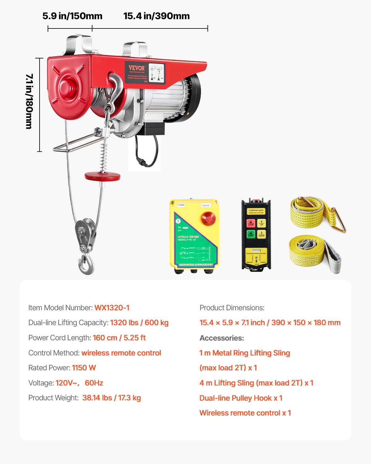 VEVOR 1320lbs Wireless Electric Hoist, 1150W 110V Electric Steel Wire Winch with Wireless Remote Control, 40ft Single Cable Lifting Height & Motor, for Garage Warehouse Factory
