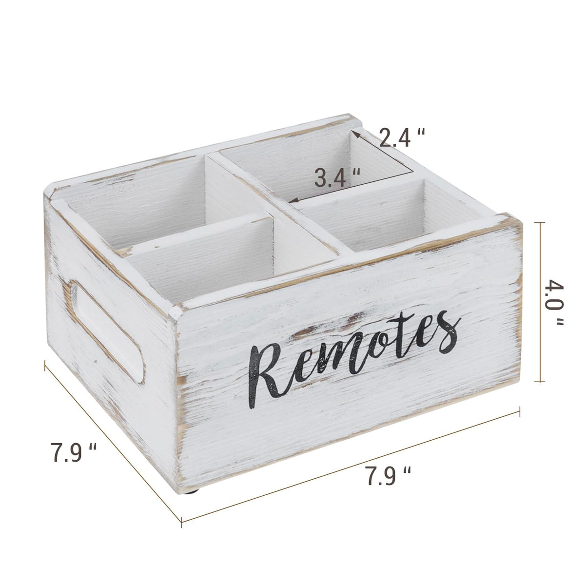 MyGift Wood Remote Control Holder Organizer with 4 Compartments, Media Remote Caddy Storage with Cursive REMOTES Design, Whitewashed