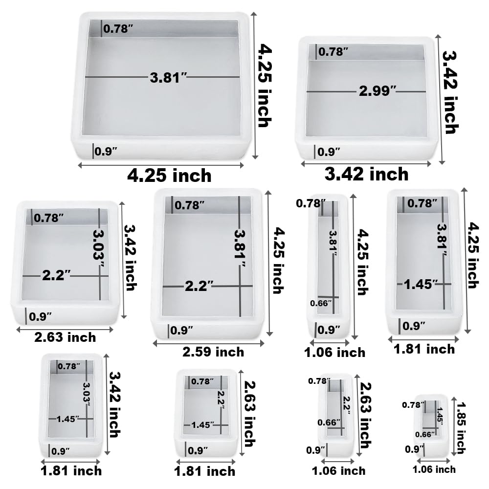 RESINWORLD Upgraded 10 Sizes Epoxy Resin Molds Silicone Kit, Square Rectangle Silicone Molds for Resin, Soap, Candles, Specimen, Dried Flower