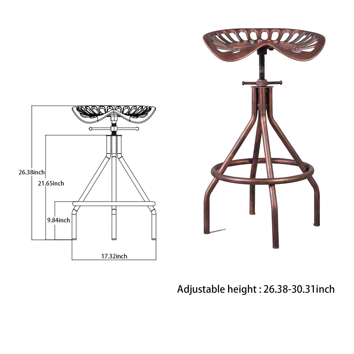 Diwhy Rustic Farmhouse Barstool Tractor Seat Adjustable Bar Stool Industrial Pub Stool Copper Set of 2