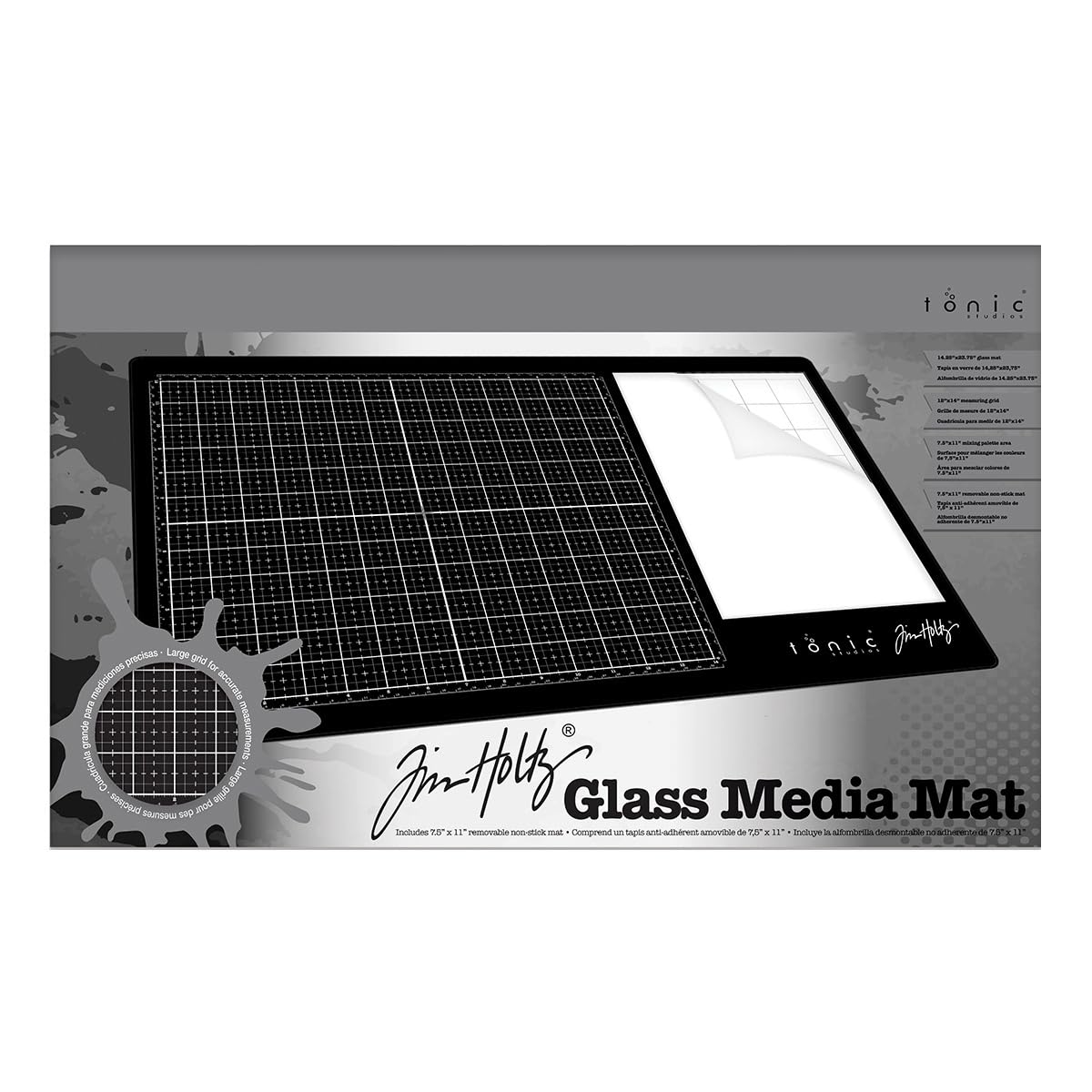 Tim Holtz Glass Cutting Mat - Large Work Surface with 12x14 Measuring Grid and Palette for Paint, Ink, and Mixed Media - Art and Craft Supplies