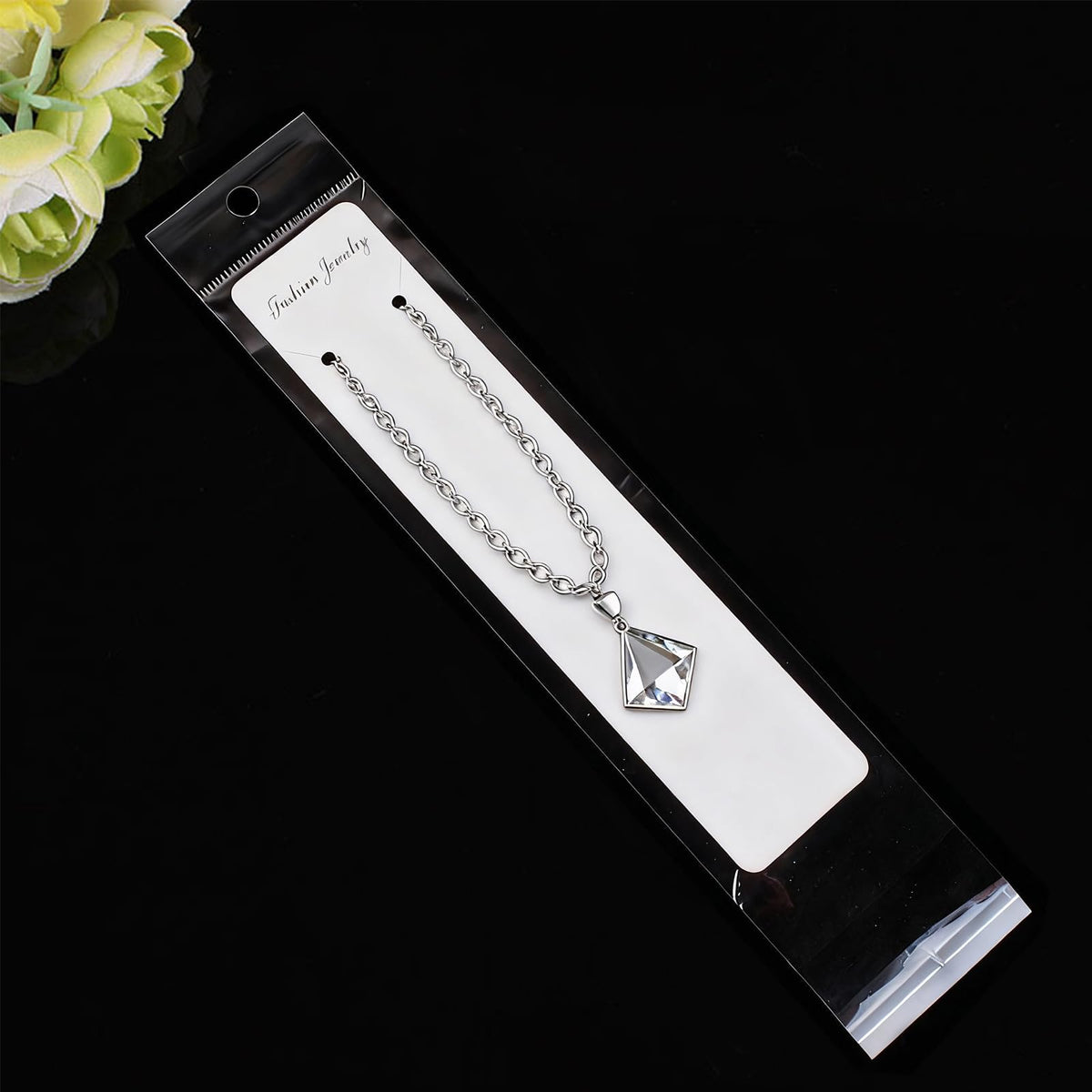 Wzttdm 100 Pcs Necklace Display Card White, 7.5x 1.6 Inch Long Jewelry Holder Cards for Selling, Bracelet Display Cards with Clear Bags for Bracelet Necklace Jewelry Packaging Supplies