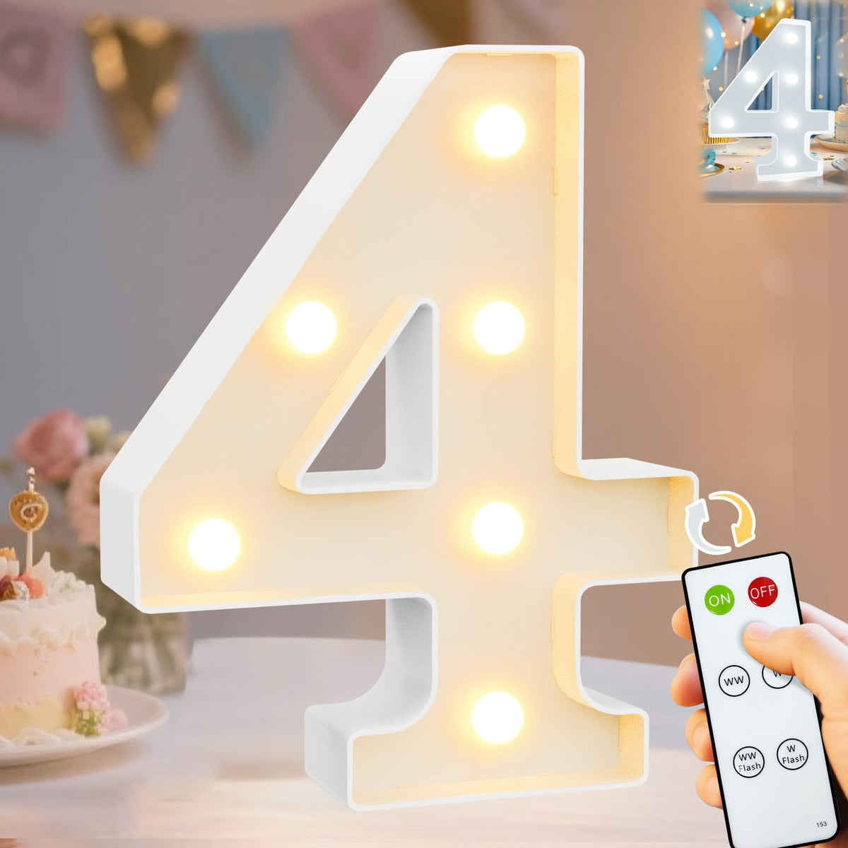 Pooqla LED Light Up Numbers, Marquee Number with Remote for 4th Birthday Decoration, Lighted Numbers Gift for Boys Girls Party Backdrop Wedding Anniversary Decor, Warm White and Cool White Number 4