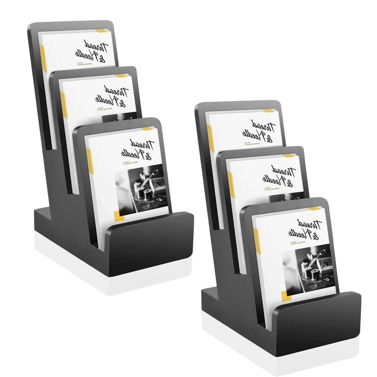 2 Pieces 3-Tier Black Brochure Holder Display Brochure Display Stand Wood Black Trifold Brochure Organizer Pamphlet Display Stand Literature Holder Countertop Book Display Rack for Magazine Booklets