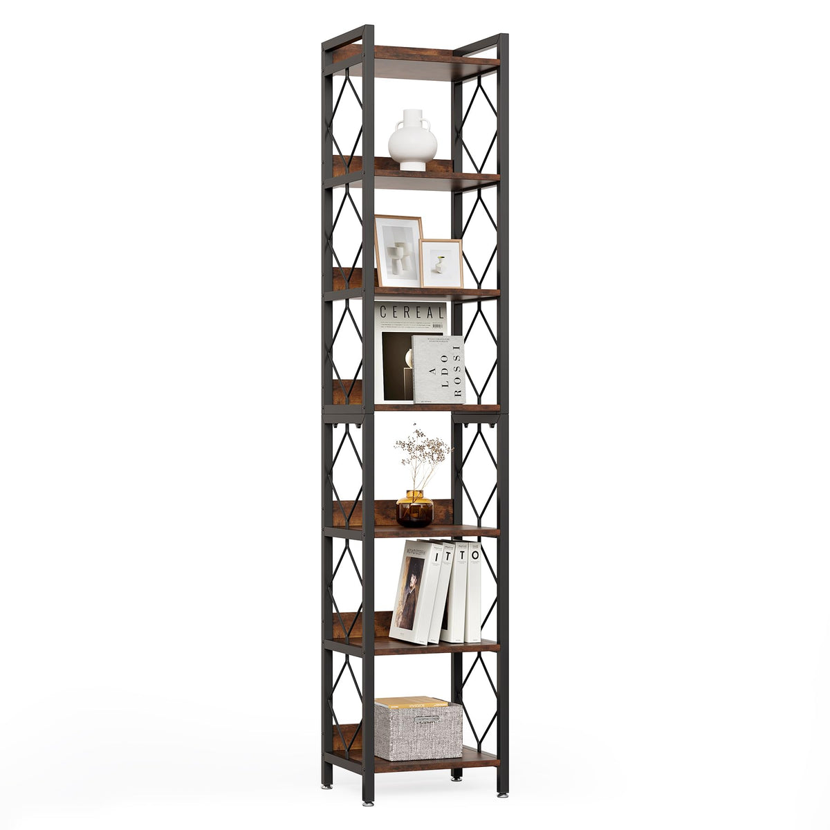 LITTLE TREE Corner Book Shelf, 78.7" Tall Narrow Bookcase, 7-Tier Skinny Wooden Display Shelves with Sturdy Metal Frame for Living Room, Modern Slim Standing Bookshelves for Office Shelf, Small Spaces