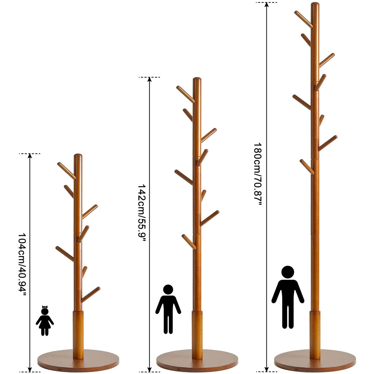 IBUYKE Coat Rack Stand, Freestanding Coat Tree with Solid Round Base and 8 Hooks, Easy Assembly Wooden Coat Hanger, Clothes Rack for Hallway Entryway, Living Room, Bedroom, Office, Brown WD-113