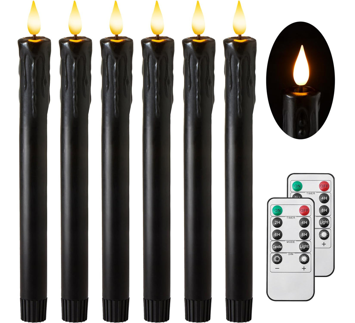 Velsyn Black Flameless Taper Candles with Remote and Timer - 9.65 Inch Real Wax LED Candlesticks - Wax Drip Battery Operated Halloween Taper Candles with 3D Flickering Flame Halloween Decor, 6 Pack