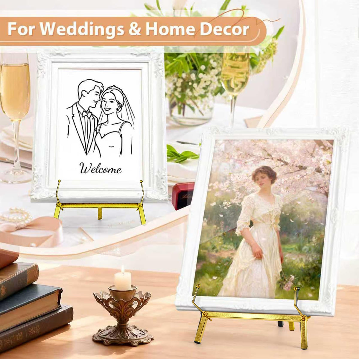 BeeCoAoo 16.5" Metal Easel Stand for Sign – Elegant Table Top Easel for Display, Heavy Duty Tabletop Picture Easel Stand for Wedding Sign, Picture Frame, and Art (Gold)