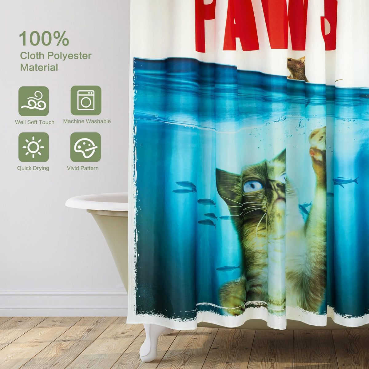 Lokigo Grey Funny Cat Shower Curtain, Cute Cat Paw Chasing Mouse in Teal Blue Ocean Nautical Shower Curtains for Bathroom Decor, Waterproof Polyester ShowerCurtains with 12 Hooks, 72" x 72"