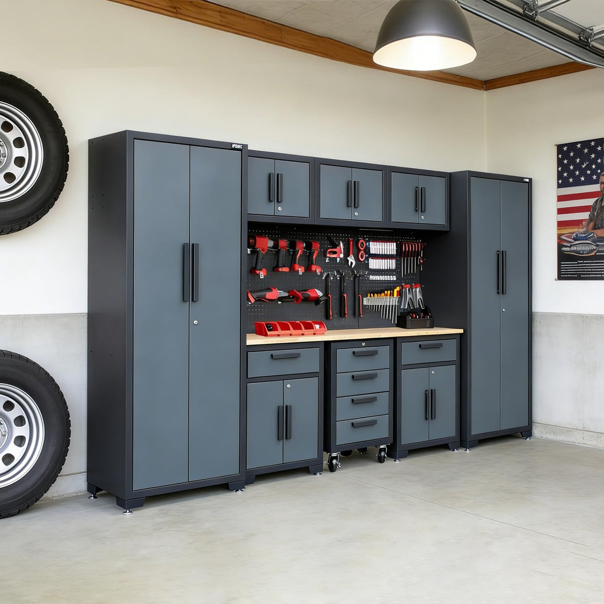HPDMC Garage Storage Cabinet System 9-Pcs Workshop Set Garage Cabinets and Storage System with Steel Drawers, Rolling Chest, Workbench, Pegboard for Tool Organization