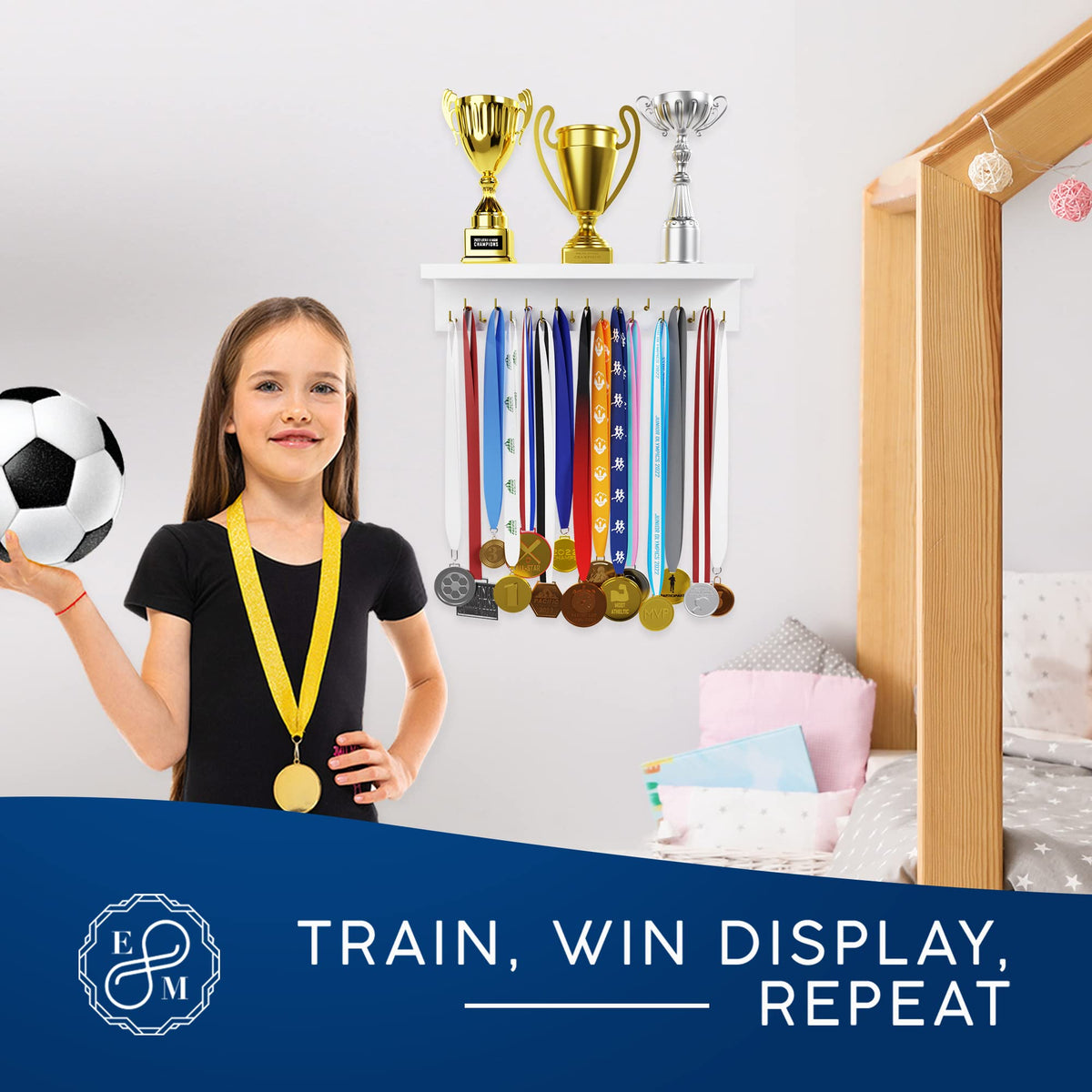 EVERMORE Medal Hanger Display and Trophy Shelf with Hooks - Wooden Medal Holder for Wall Mount Ribbon Display, Trophy Display Shelf for Gymnastics, Soccer, Running Race Medals Awards Rack