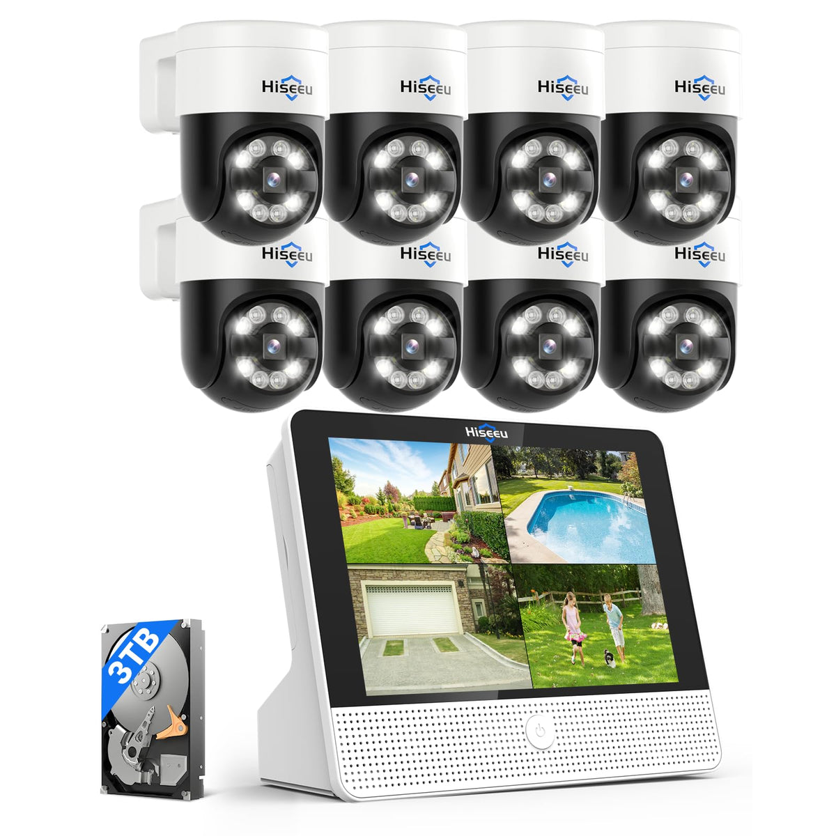 【Human Tracking+330° View】 Hiseeu 4K PoE Security Camera System,All-in-one 12" Monitor,8Pcs 5MP PoE PTZ Security Cameras for Home Security Outdoor,2-Way Audio,Color Night Vision,16CH Expandable