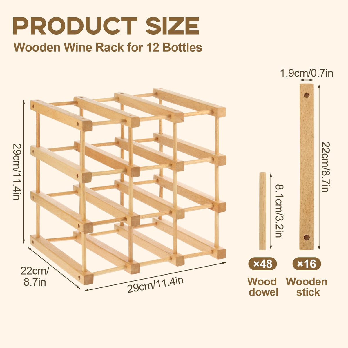 Wenceda Wooden Wine Rack, Stackable Wooden Wine Rack, Beech Wood Material Stackable Modular Wine Storage Racks, DIY Assembly Wine Bottle Holder for Inside Cabinet and Countertop (12-Bottle)