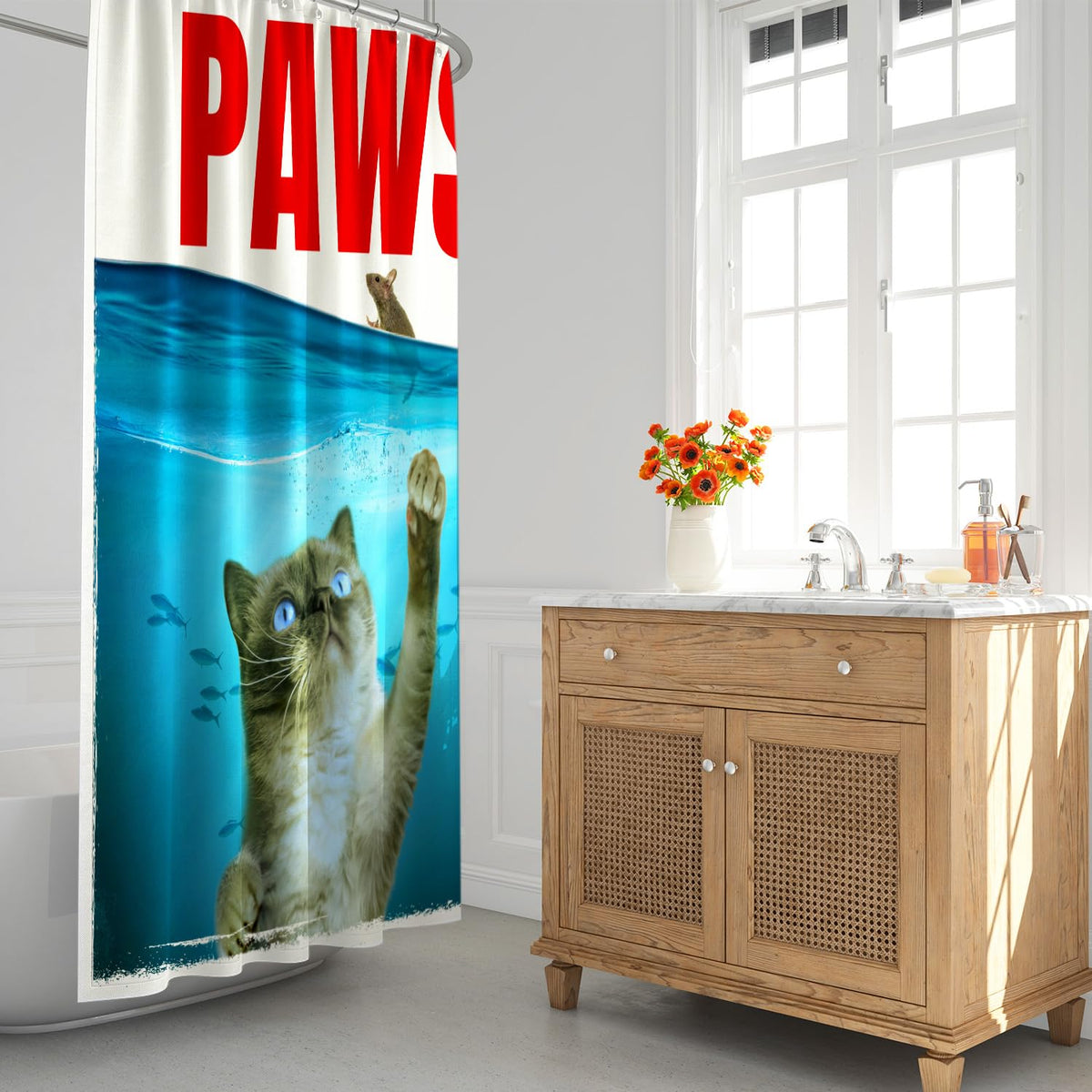 Lokigo Grey Funny Cat Shower Curtain, Cute Cat Paw Chasing Mouse in Teal Blue Ocean Nautical Shower Curtains for Bathroom Decor, Waterproof Polyester ShowerCurtains with 12 Hooks, 72" x 72"
