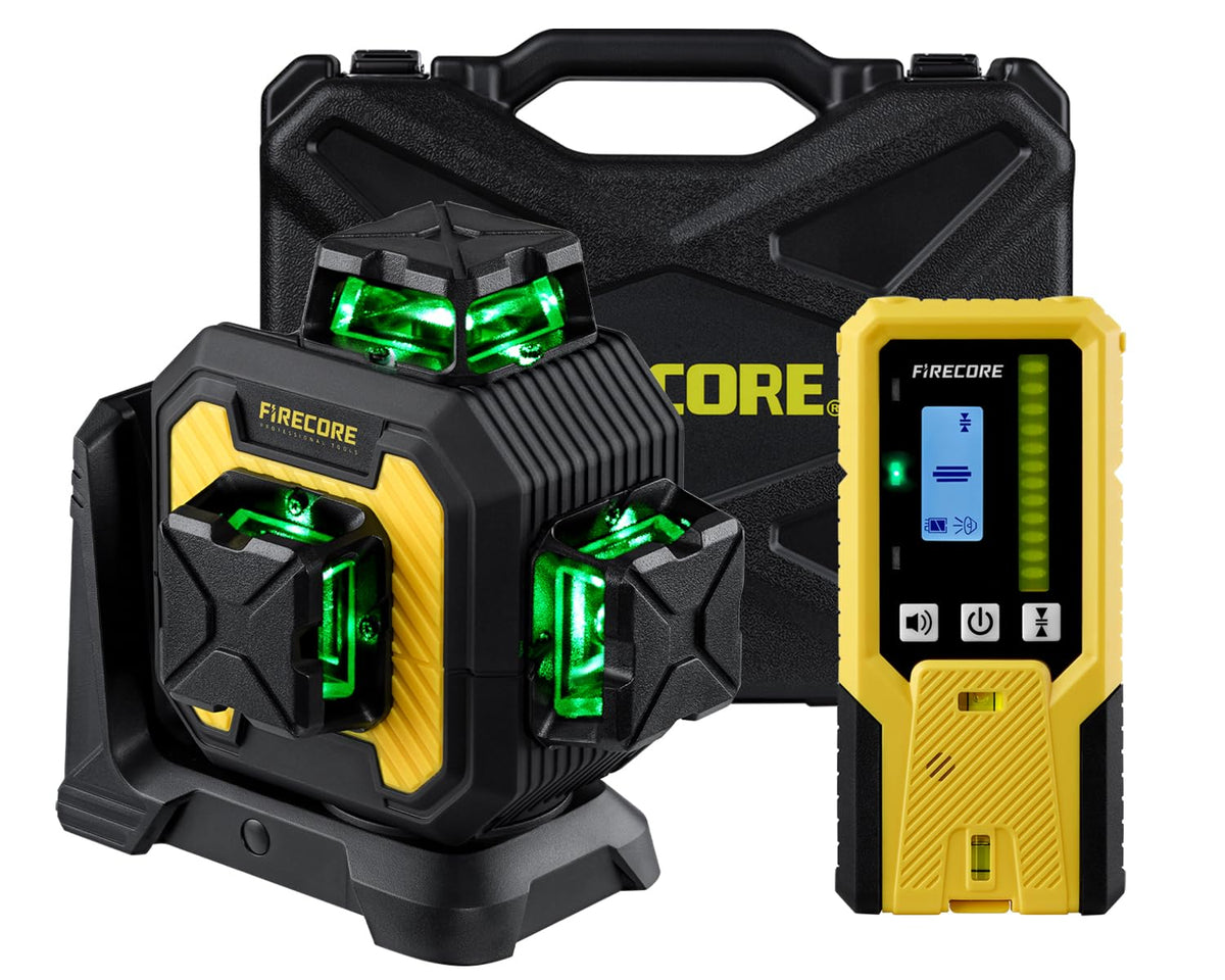 Firecore Laser Level with Receiver Kit, 1/13" High Accuracy, Laser Level 360 Self Leveling with Pulse Mode for Outdoor Up To 197ft, Rechargeable Green Line Laser for Home Renovation Construction-F93